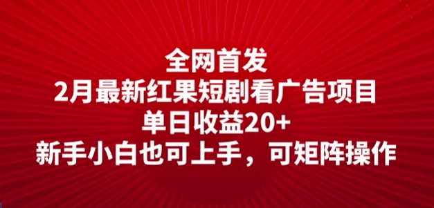 全网首发，2月最新红果短剧看广告项目，单日收益20+，新手小白也可上手，可矩阵操作-代码轻学堂