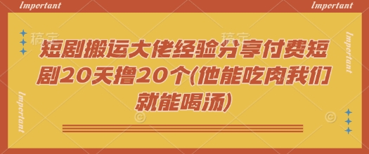 短剧搬运大佬经验分享付费短剧20天撸20个(他能吃肉我们就能喝汤)-代码轻学堂